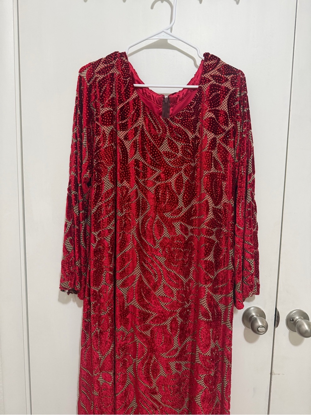 Red Beaded Velvet Evening Dress